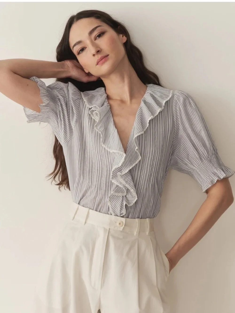 Doen Henri Cotton Ruffle Trim Pintuck Short Puff Sleeve Top Adelaide Stripe Blue